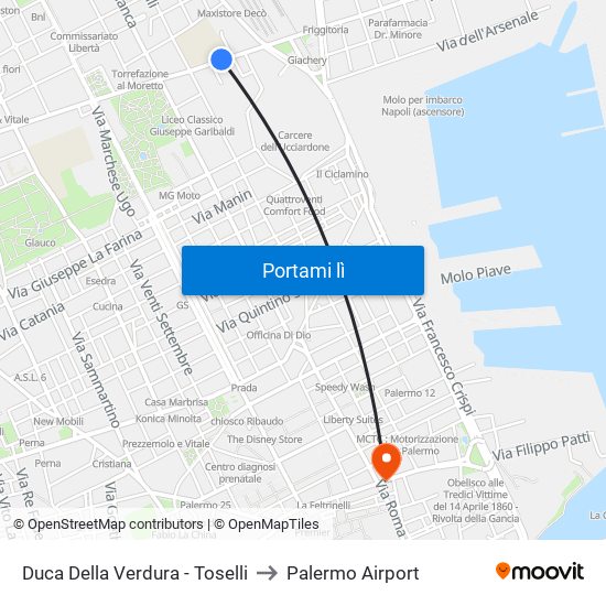 Duca Della Verdura - Toselli to Palermo Airport map