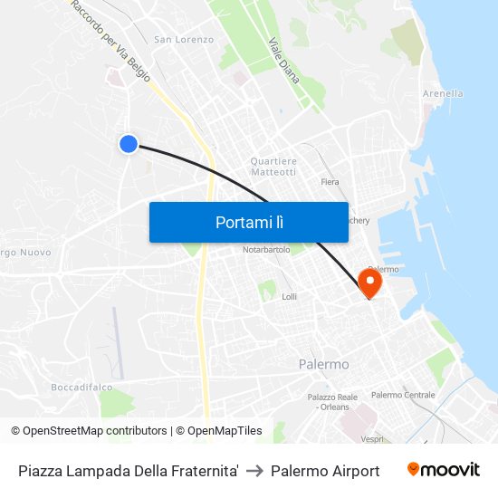 Piazza Lampada Della Fraternita' to Palermo Airport map