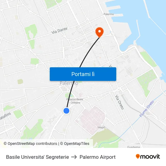Basile Universita' Segreterie to Palermo Airport map