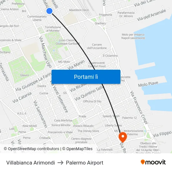 Villabianca Arimondi to Palermo Airport map