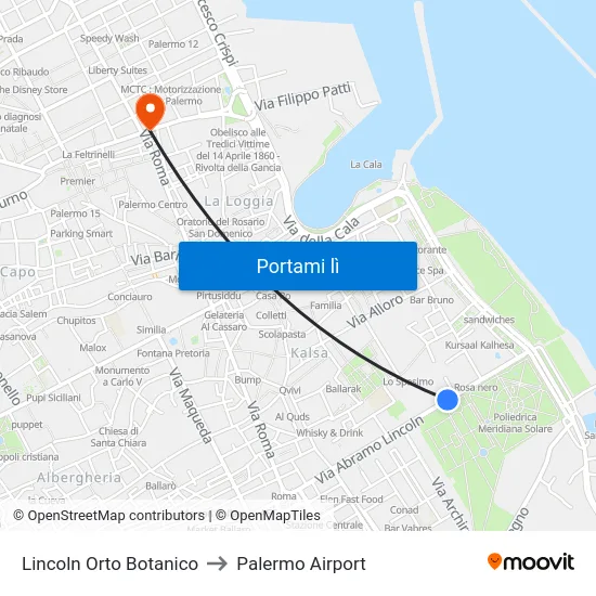 Lincoln Orto Botanico to Palermo Airport map