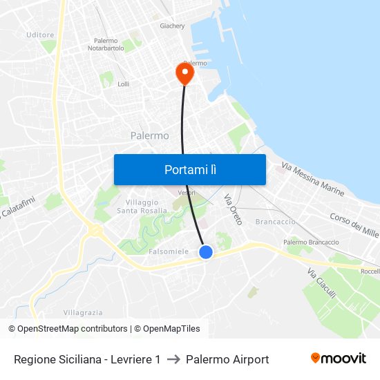 Regione Siciliana - Levriere 1 to Palermo Airport map