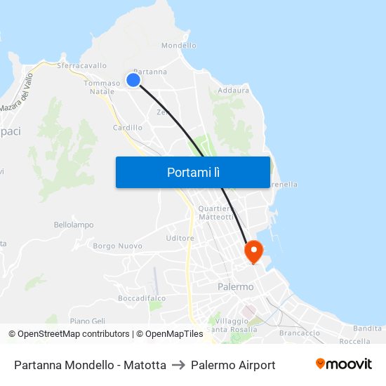 Partanna Mondello - Matotta to Palermo Airport map