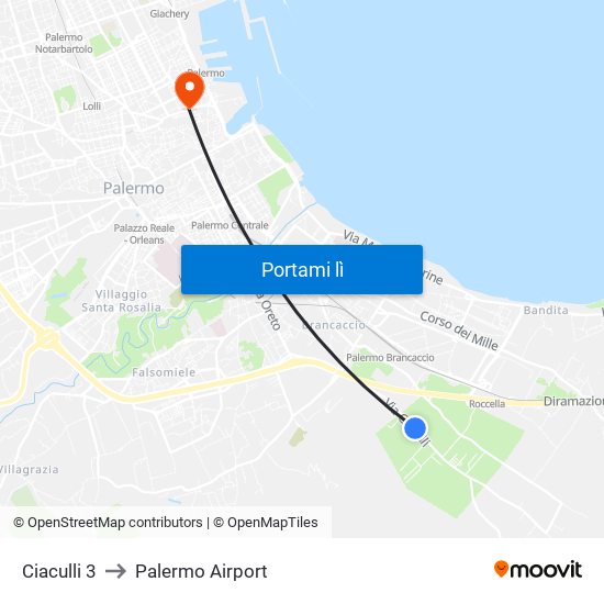 Ciaculli 3 to Palermo Airport map