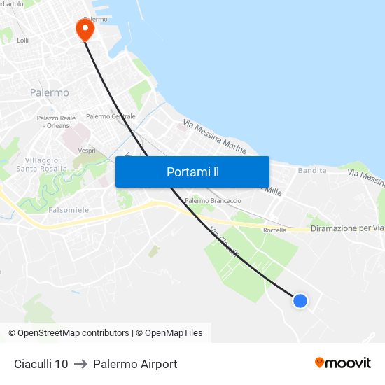 Ciaculli 10 to Palermo Airport map