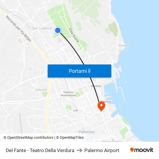 Del Fante - Teatro Della Verdura to Palermo Airport map