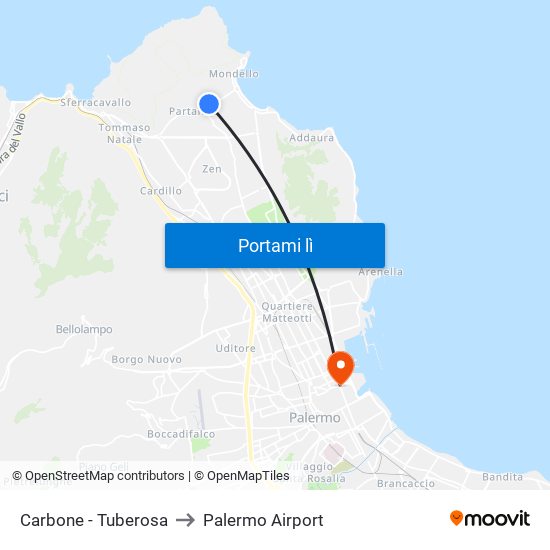Carbone - Tuberosa to Palermo Airport map