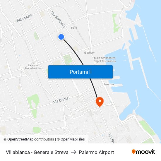 Villabianca - Generale Streva to Palermo Airport map