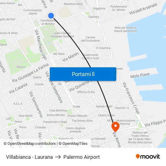 Villabianca - Laurana to Palermo Airport map