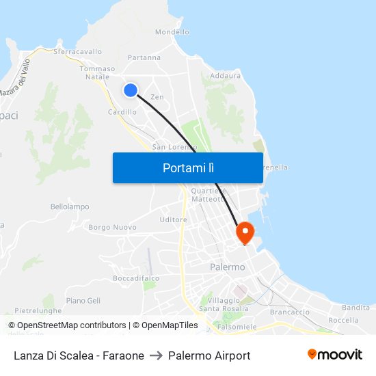 Lanza Di Scalea - Faraone to Palermo Airport map