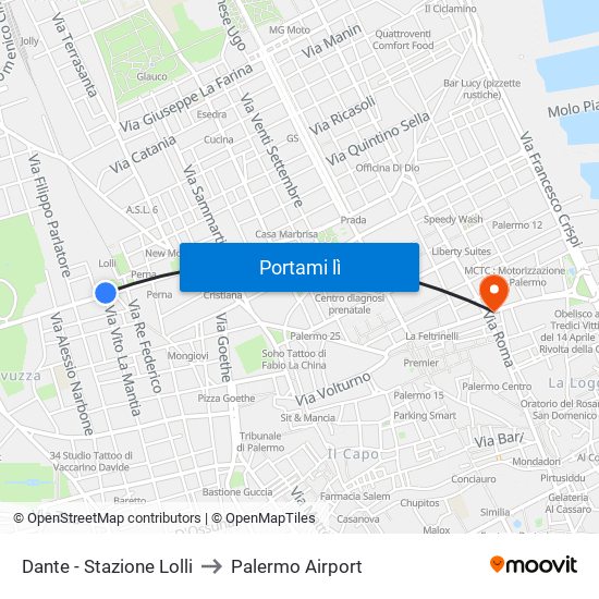 Dante - Stazione Lolli to Palermo Airport map