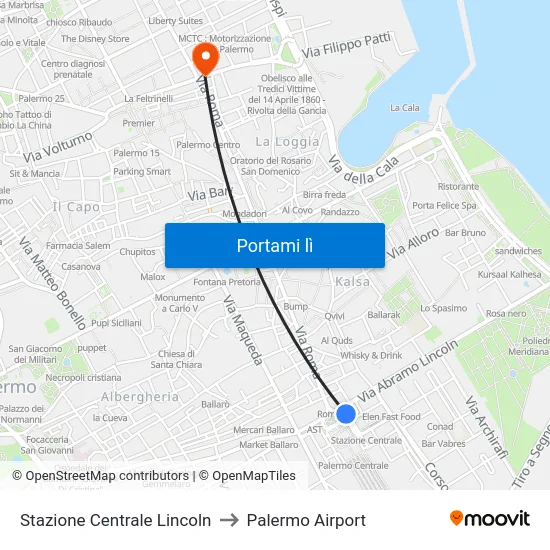 Stazione Centrale Lincoln to Palermo Airport map