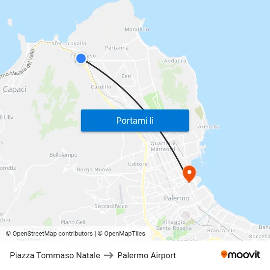 Piazza Tommaso Natale to Palermo Airport map