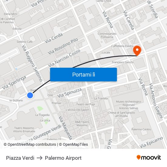 Piazza Verdi to Palermo Airport map