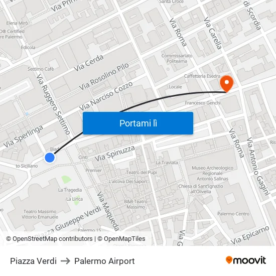 Piazza Verdi to Palermo Airport map