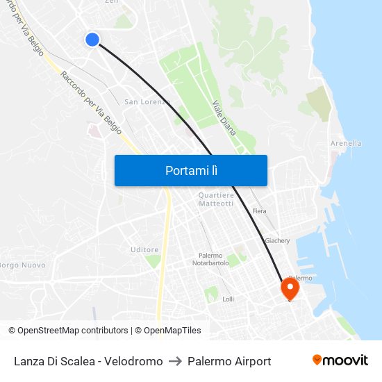 Lanza Di Scalea - Velodromo to Palermo Airport map