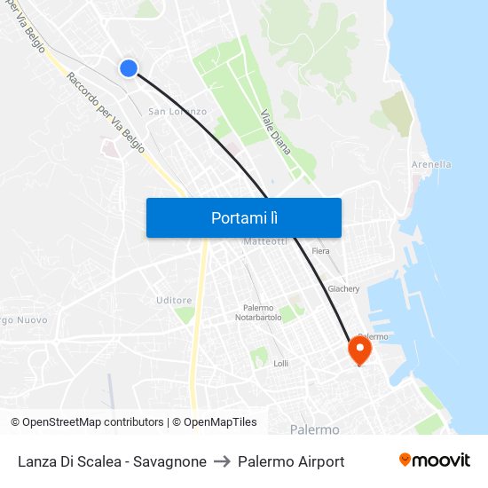 Lanza Di Scalea - Savagnone to Palermo Airport map