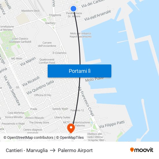 Cantieri - Marvuglia to Palermo Airport map