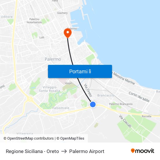 Regione Siciliana - Oreto to Palermo Airport map