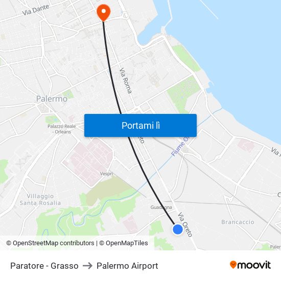 Paratore - Grasso to Palermo Airport map