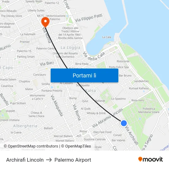 Archirafi Lincoln to Palermo Airport map