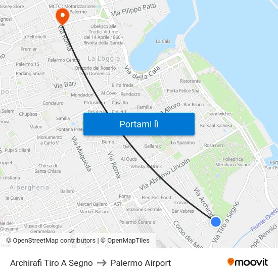 Archirafi Tiro A Segno to Palermo Airport map