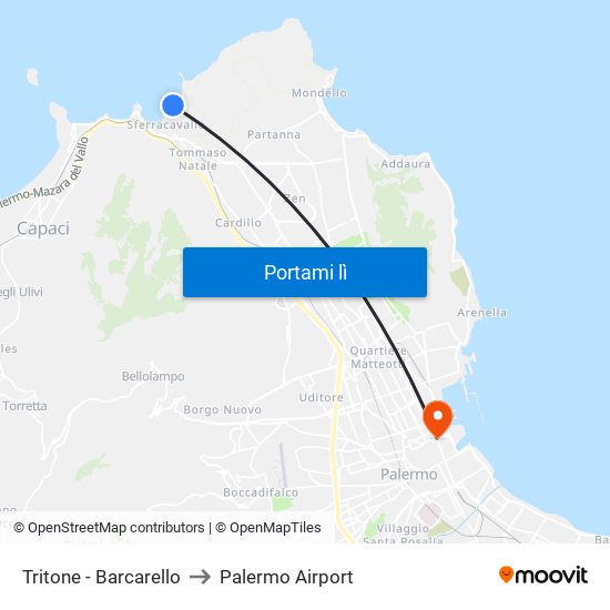 Tritone - Barcarello to Palermo Airport map