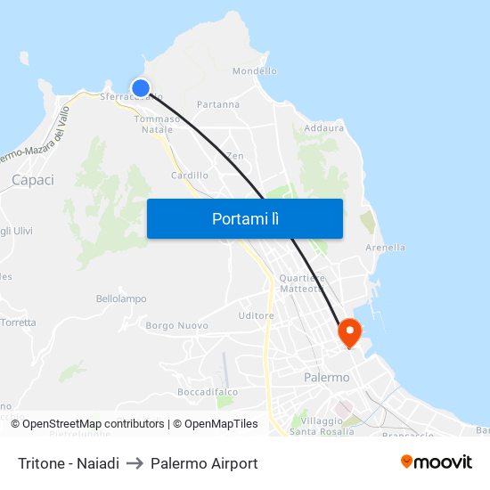 Tritone - Naiadi to Palermo Airport map