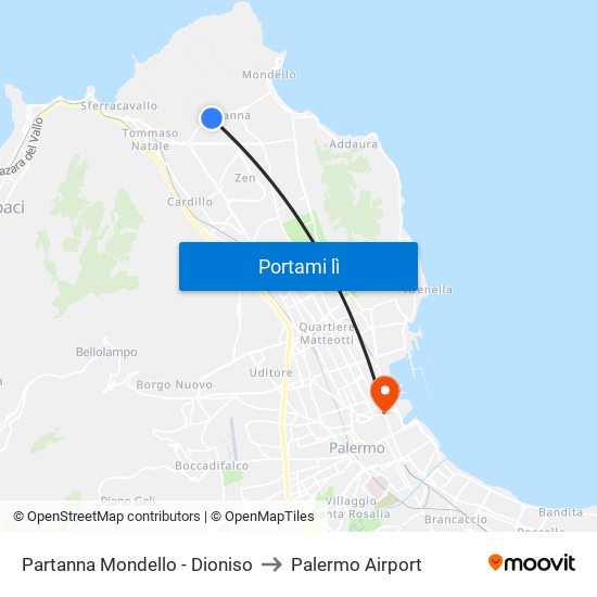 Partanna Mondello - Dioniso to Palermo Airport map