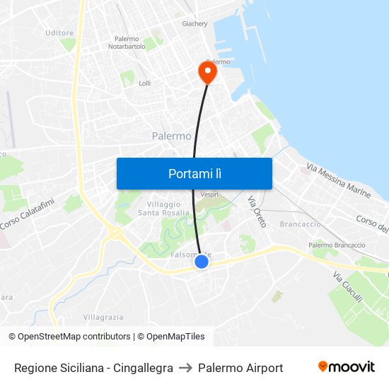 Regione Siciliana - Cingallegra to Palermo Airport map
