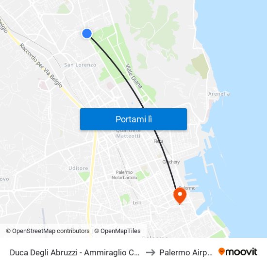 Duca Degli Abruzzi - Ammiraglio Cagni to Palermo Airport map