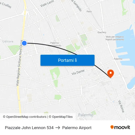 Piazzale John Lennon 534 to Palermo Airport map
