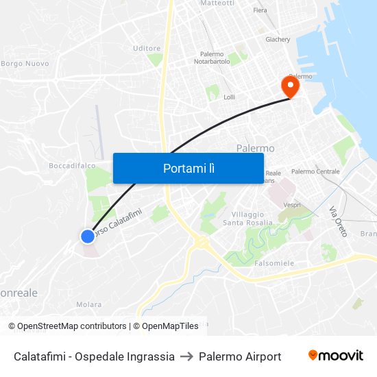 Calatafimi - Ospedale Ingrassia to Palermo Airport map