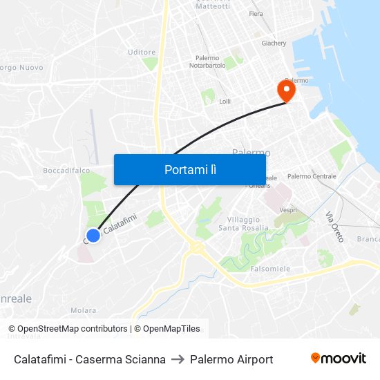 Calatafimi - Caserma Scianna to Palermo Airport map
