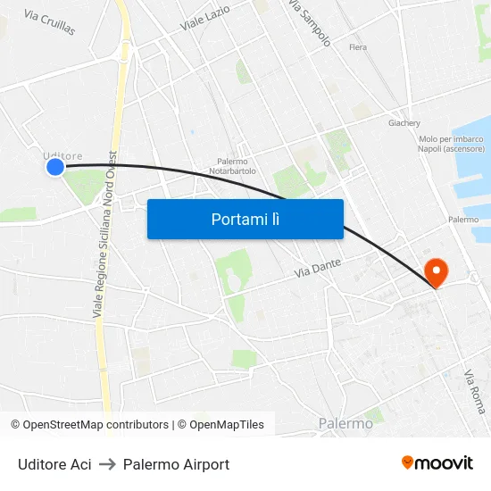 Uditore Aci to Palermo Airport map