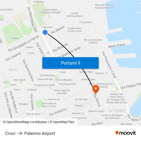 Croci to Palermo Airport map