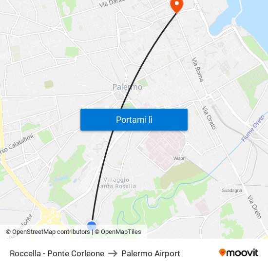 Roccella - Ponte Corleone to Palermo Airport map