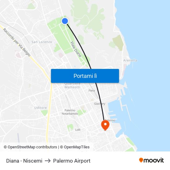 Diana - Niscemi to Palermo Airport map
