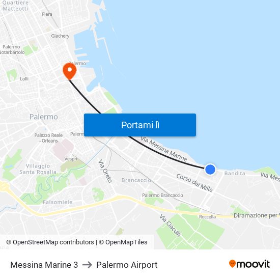 Messina Marine 3 to Palermo Airport map