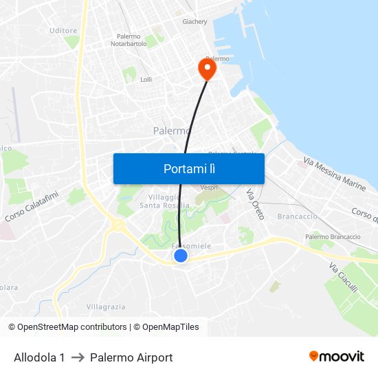 Allodola 1 to Palermo Airport map