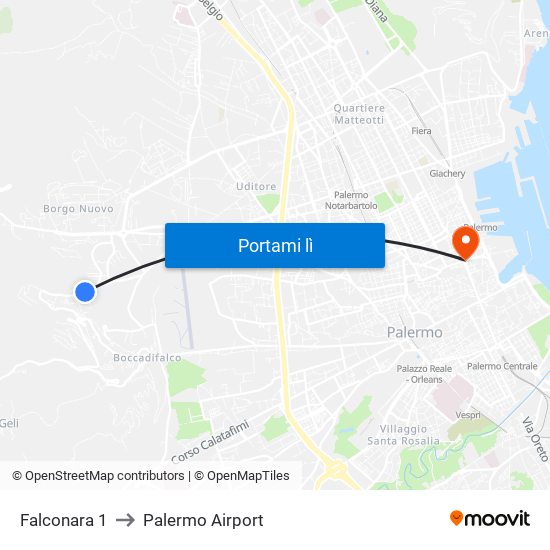 Falconara 1 to Palermo Airport map