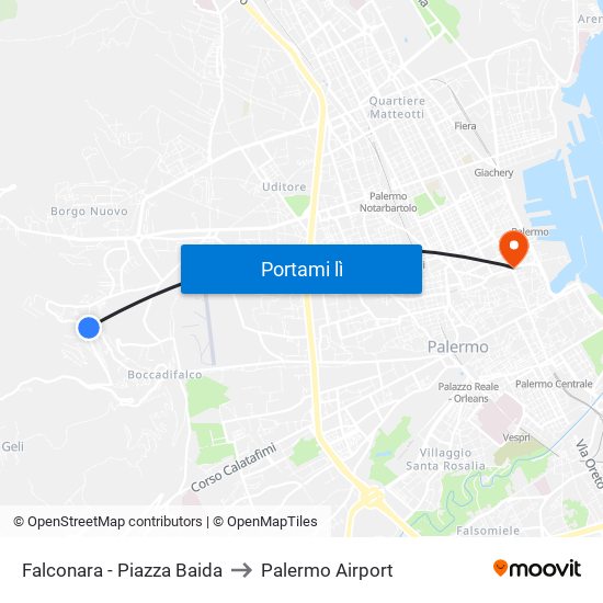 Falconara - Piazza Baida to Palermo Airport map