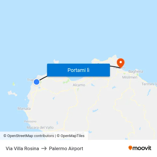 Via Villa Rosina to Palermo Airport map