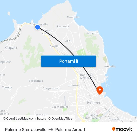 Palermo Sferracavallo to Palermo Airport map