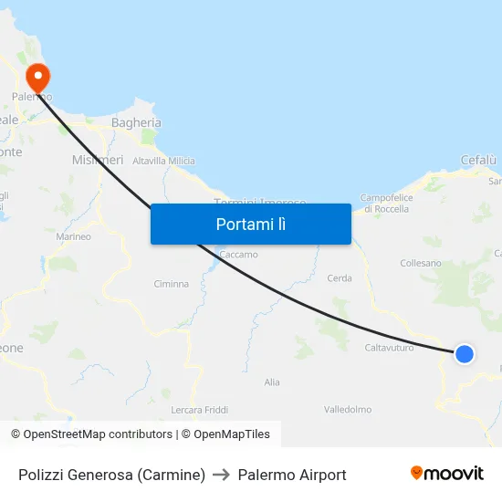 Polizzi Generosa (Carmine) to Palermo Airport map
