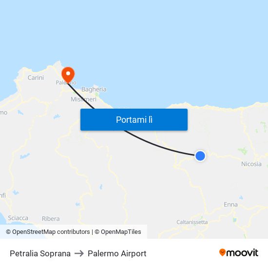 Petralia Soprana to Palermo Airport map
