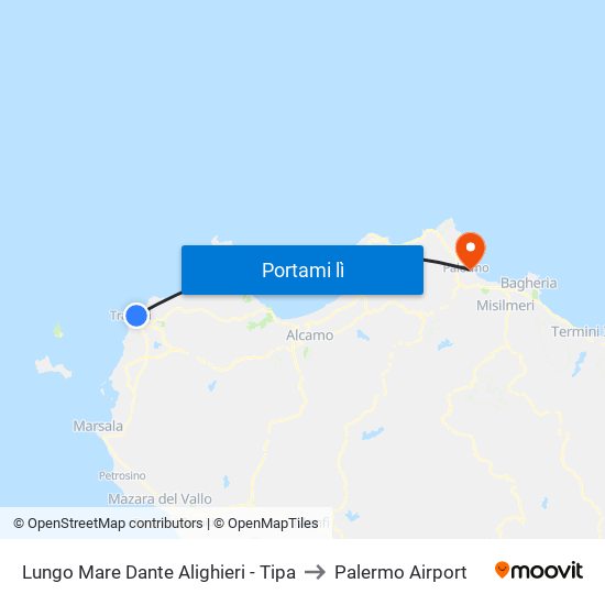 Lungo Mare Dante Alighieri - Tipa to Palermo Airport map
