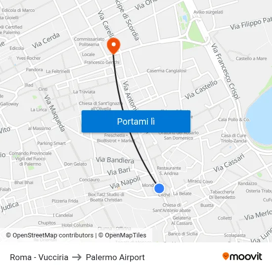 Roma - Vucciria to Palermo Airport map