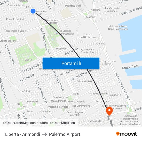 Libertà - Arimondi to Palermo Airport map