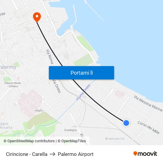 Cirincione - Carella to Palermo Airport map